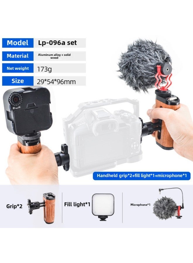 SLR Camera Side Handle 360 Degrees Rotation Adjustment Wooden Cold Boots Expansion Rabbit Cage Side Grip Hand Accessories-Color:LP-096A Grip X2 + Fill Light + Microphone  - Image 1