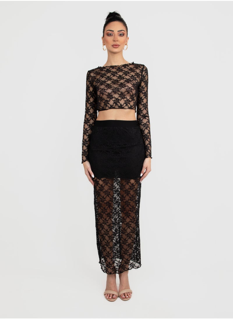 KYVELi Long Sleeves Top and Maxi Skirt See Through Co-Ord Set  - Image 1