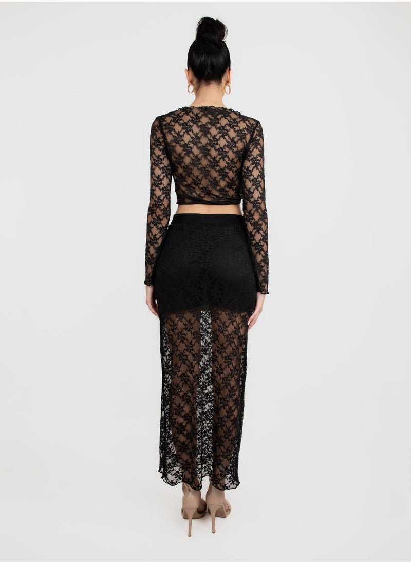 KYVELi Long Sleeves Top and Maxi Skirt See Through Co-Ord Set  - Image 3