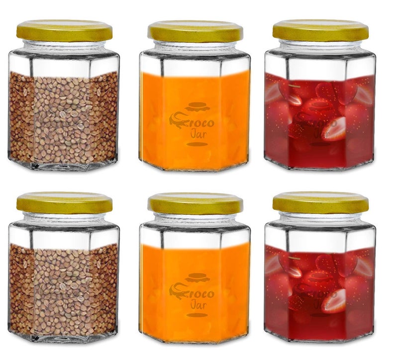 CROCO JAR Croco Hexagon Glass Jar Container With Rust Free Air Tight Lid Suitable For Use In Your Home Office Kitchen StorageGlass Jar For Kitchen 250 Ml Pack Of 6 Golden - Image 1