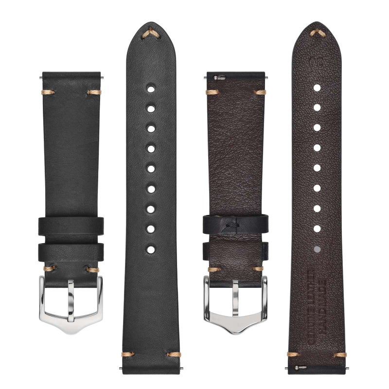 BISONSTRAP Men's Watch Bands, Hand-Stitched Leather Watch Straps, Quick Release, 18mm, Black with Silver Buckle - Image 3