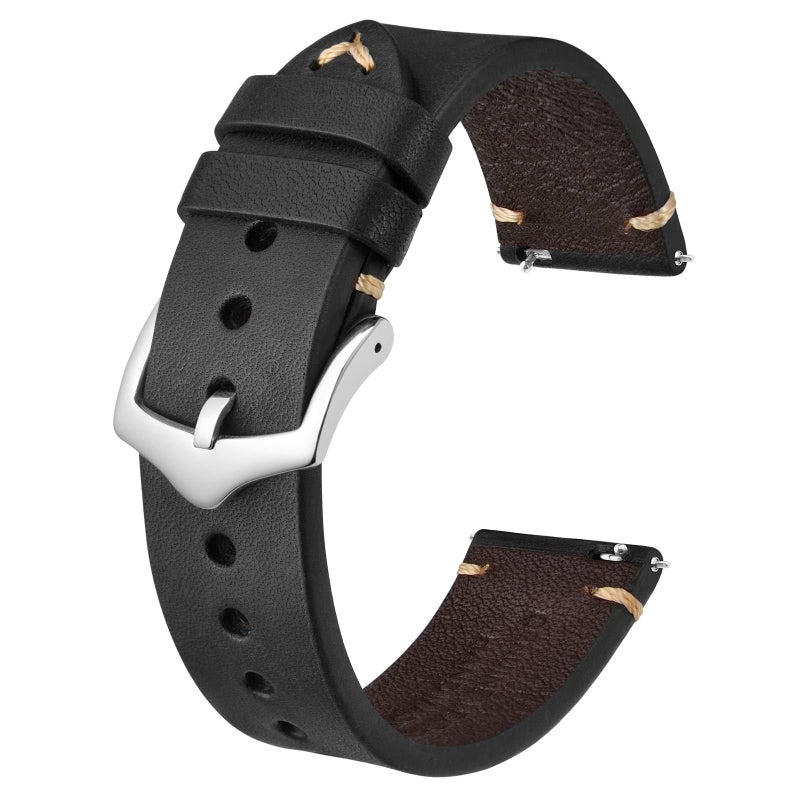 BISONSTRAP Men's Watch Bands, Hand-Stitched Leather Watch Straps, Quick Release, 18mm, Black with Silver Buckle - Image 1