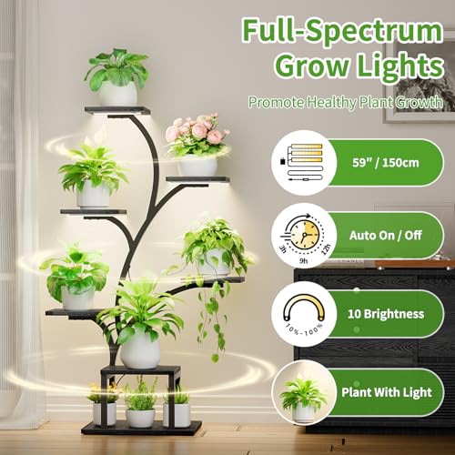 BACEKOLL Plant Stand Indoor with Grow Lights, 7 Tiered Indoor Plant Shelf, 49" Corner Plant Stands for Indoor Plants, Metal Plant Flower Display Shelf, Tree-Shaped Plant Rack for Home, Black - Image 3