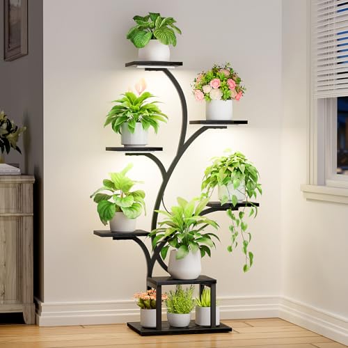 BACEKOLL Plant Stand Indoor with Grow Lights, 7 Tiered Indoor Plant Shelf, 49" Corner Plant Stands for Indoor Plants, Metal Plant Flower Display Shelf, Tree-Shaped Plant Rack for Home, Black - Image 1