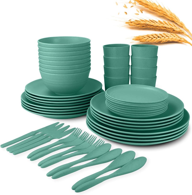 Wrova 64Piece Service for 8 Dinnerware Set  Unbreakable Wheat Straw Dinnerware sets of 64  Dinner platesSnack platesCereal bowlsDrinking CupsCutlery for Outdoor camping and indoorsGreen - Image 1