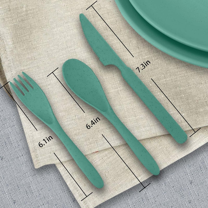 Wrova 64Piece Service for 8 Dinnerware Set  Unbreakable Wheat Straw Dinnerware sets of 64  Dinner platesSnack platesCereal bowlsDrinking CupsCutlery for Outdoor camping and indoorsGreen - Image 4