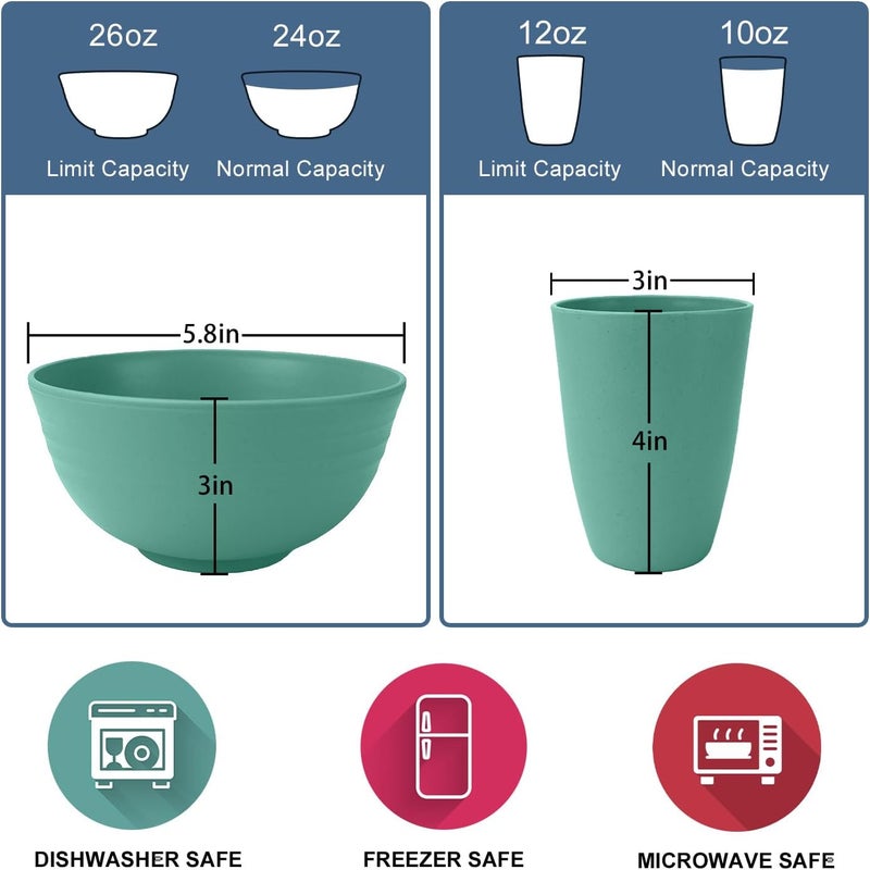 Wrova 64Piece Service for 8 Dinnerware Set  Unbreakable Wheat Straw Dinnerware sets of 64  Dinner platesSnack platesCereal bowlsDrinking CupsCutlery for Outdoor camping and indoorsGreen - Image 3