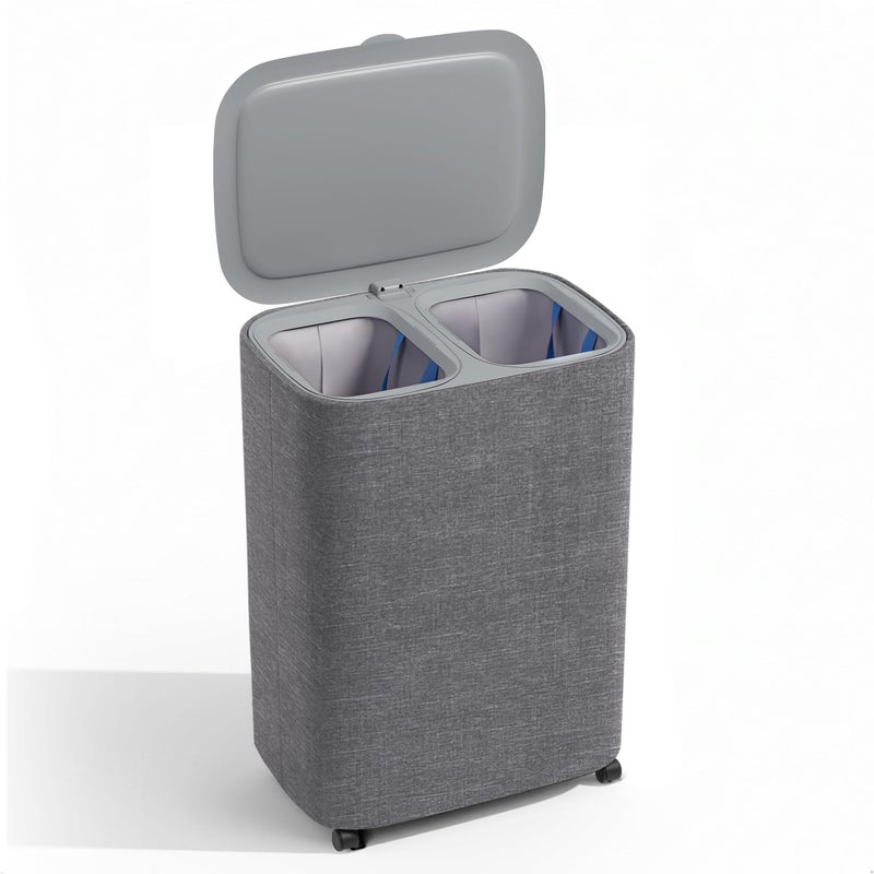XABITAT Dual Section 90L Laundry Basket with Wheels and Lid  Tall divided Double Laundry Hamper with 2 Removable Washable Bags Large Laundry Sorter for Easy Clothes Separation