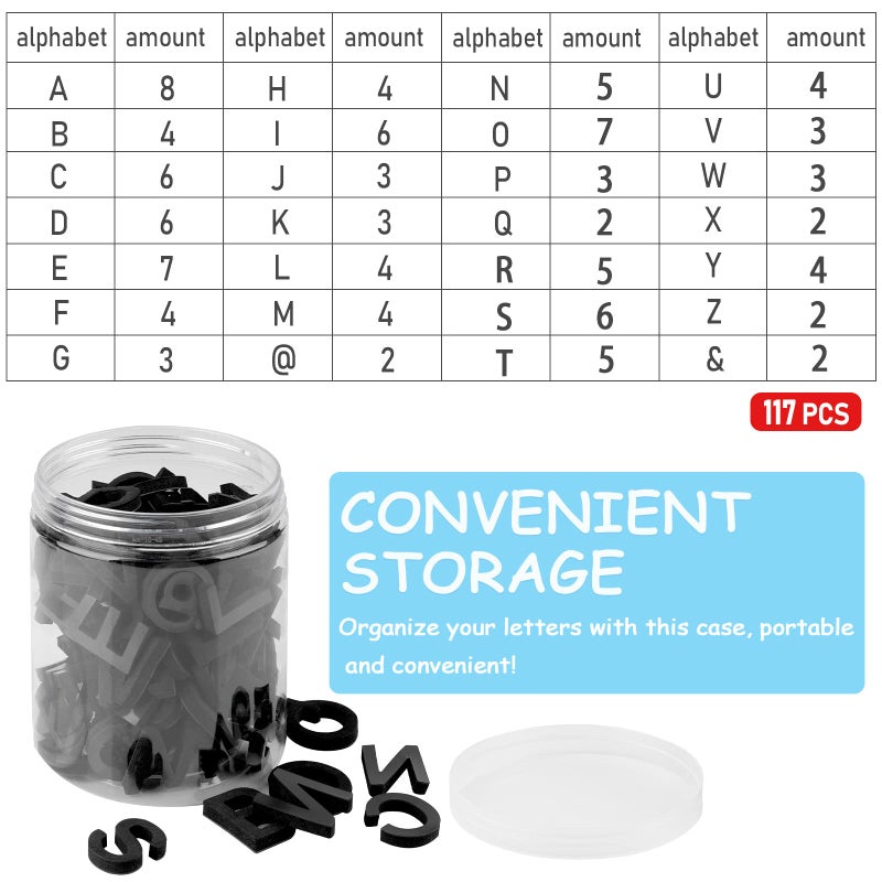 Lzttyee Decorative Magnetic EVA Alphabet Letters/Arabic Numerals for Refrigerator/White Board (117pcs Letters Black) - Image 4