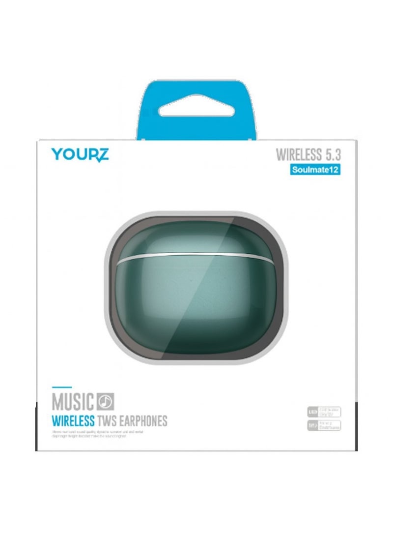 Yourz SOULMATE12 Wireless Bluetooth Headphones with Charging Case & Microphone - Green | Bluetooth V5.3 TWS Earbuds - Long Battery Life - Image 2