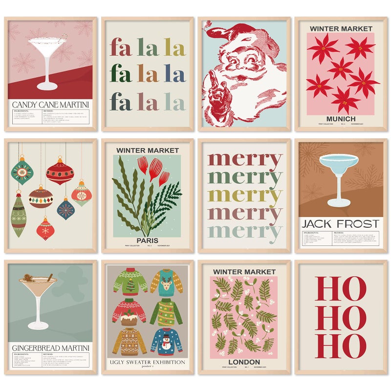 Whaline 12Pcs Christmas Wall Art Prints Santa Cocktail Paper Art Posters Vintage Decorative Aesthetic Wall Decor for Xmas Home Gallery Decor 8 x 10 Inch Unframed - Image 2