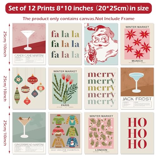 Whaline 12Pcs Christmas Wall Art Prints Santa Cocktail Paper Art Posters Vintage Decorative Aesthetic Wall Decor for Xmas Home Gallery Decor 8 x 10 Inch Unframed - Image 3