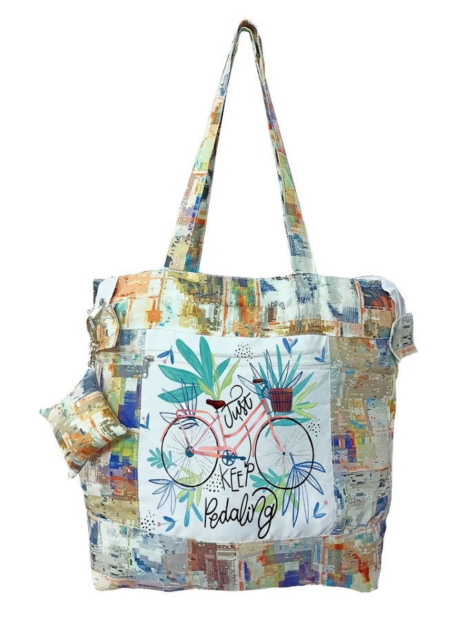 Shipra Tote Bags for Women, Stylish Cotton Handbags, KEEP PEDALING Design Tote Bag for College, Hand bag for women stylish (WHITE COLOR SET OF 1) - Image 1