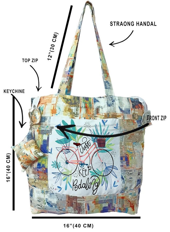 Shipra Tote Bags for Women, Stylish Cotton Handbags, KEEP PEDALING Design Tote Bag for College, Hand bag for women stylish (WHITE COLOR SET OF 1) - Image 4