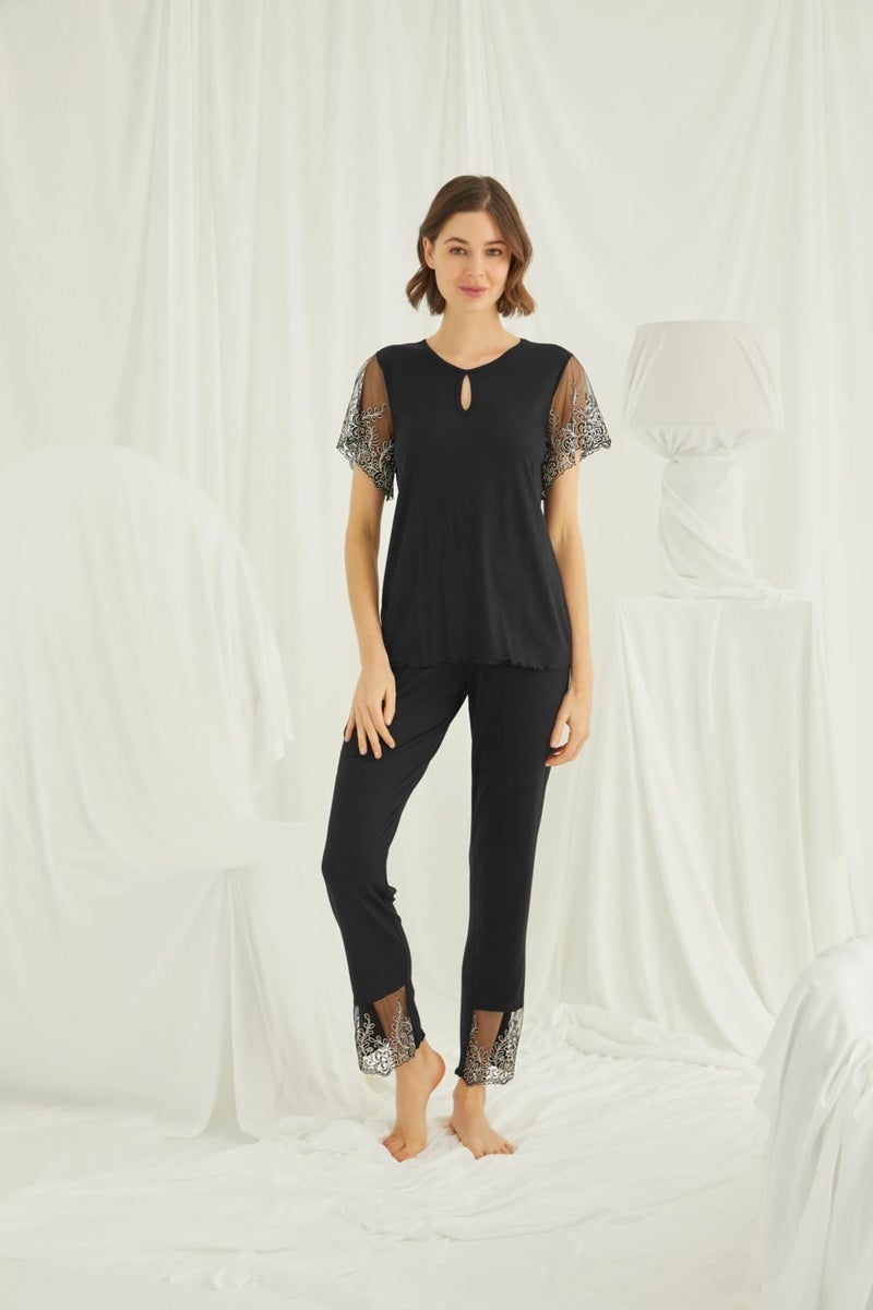 Monamise Women's Collar Detailed Embroidered Lace Pajama Set