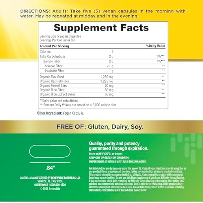Renew Life Adult Daily Digestive Prebiotic Fiber, 150 Vegetarian Capsules (Package May Vary) - Image 4