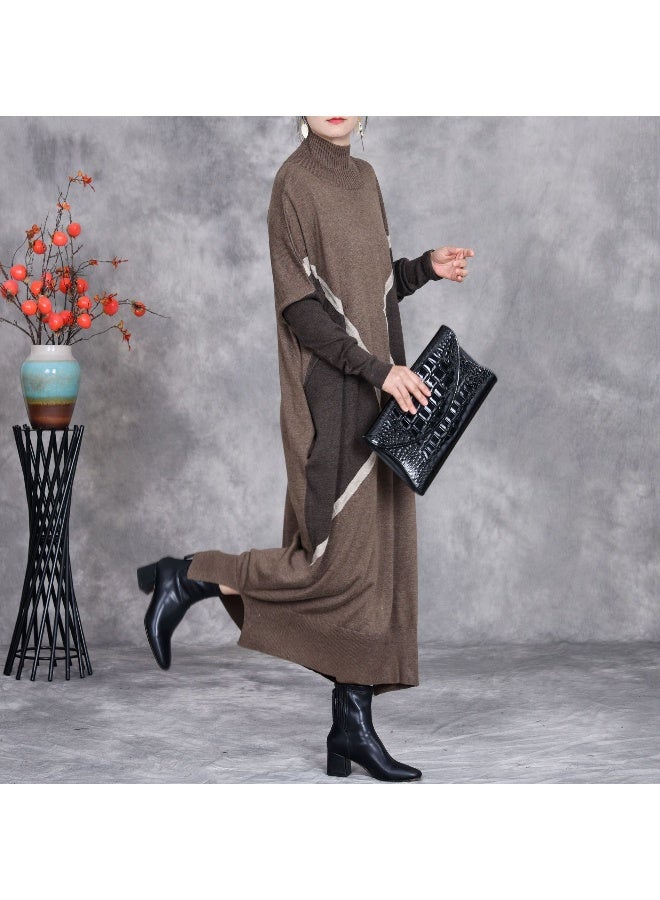 Loquat Color-blocked Wool Sweater Dress with Half Turtleneck, Loose Fit, Long Sleeves  - Image 3