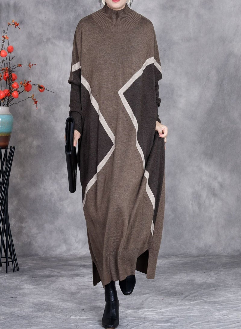 Loquat Color-blocked Wool Sweater Dress with Half Turtleneck, Loose Fit, Long Sleeves  - Image 1