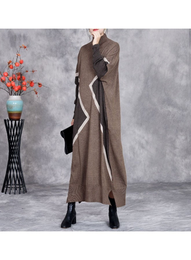 Loquat Color-blocked Wool Sweater Dress with Half Turtleneck, Loose Fit, Long Sleeves  - Image 4