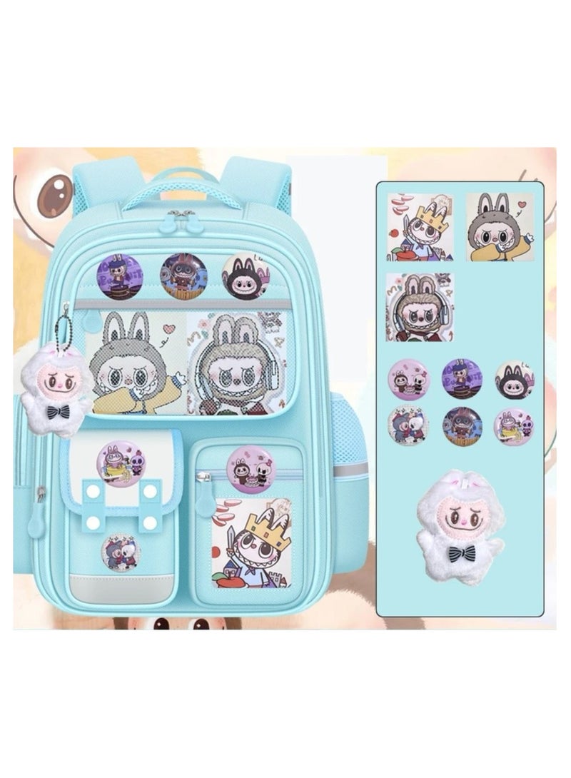 لابوبو حقيبة لابوبو الابتدائية للبنات، خفيفة الوزن، بسعة كبيرة، مقاس كبير 42*30*20 سم (بطاقة + شارة + دمية محشوة)