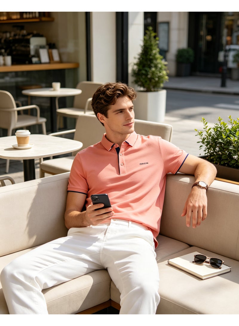 GEOX Men Short Sleeve Collared Polo Shirt Weekend Leisure Outdoor Top Peach Pink - Image 4