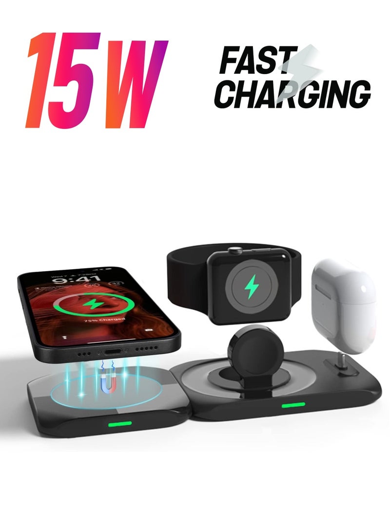 SYOSI Magnetic Charging Station 4 in 1 Mag Safe Charging Station for iPhone 14/13/12 Pro Max/Pro/Mini Fast Charge Pad Compatible for Apple Watch Ultra/8/7/SE2/Airpods 1 2/ Pro1 2 Blcak - Image 1