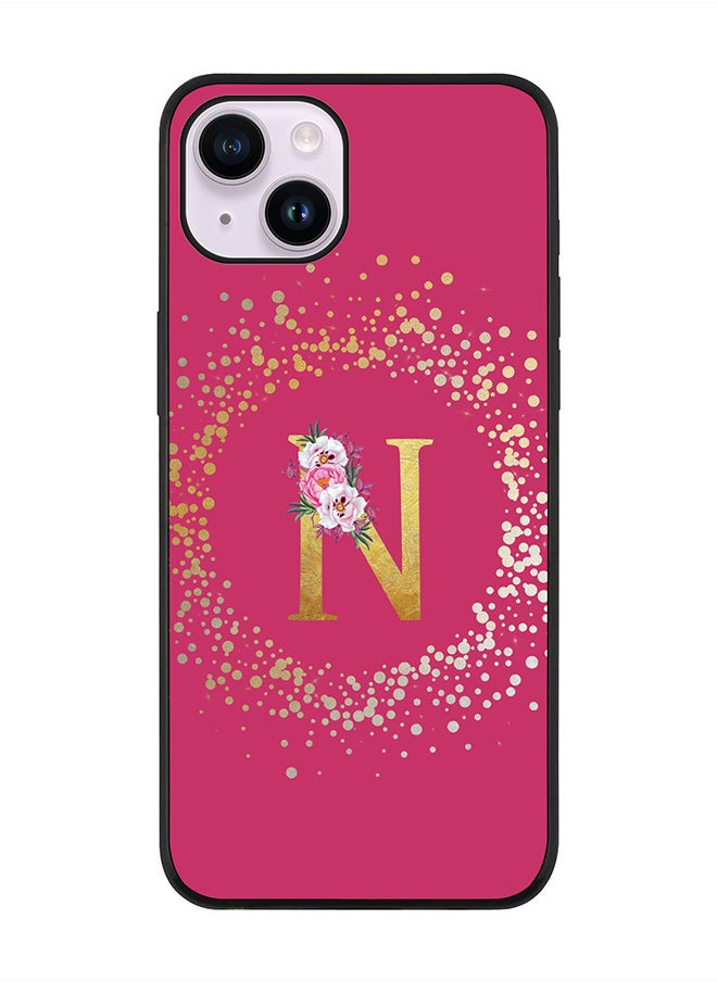 Stylizedd Rugged Black edge case for Apple iPhone 14 Plus, Soft Flexible Phone case Custom Monogram Initial Letter Floral Pattern Alphabet - N (Dark Pink Rose)  - Image 1