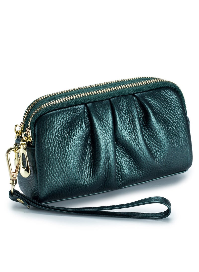 SKT Shiketro Top Layer Cowhide Double Layer Zipper High-End Wallet Mobile Phone Bag Genuine Leather Clutch Bag Mother Handbag【Pearlescent Green】 - Image 1