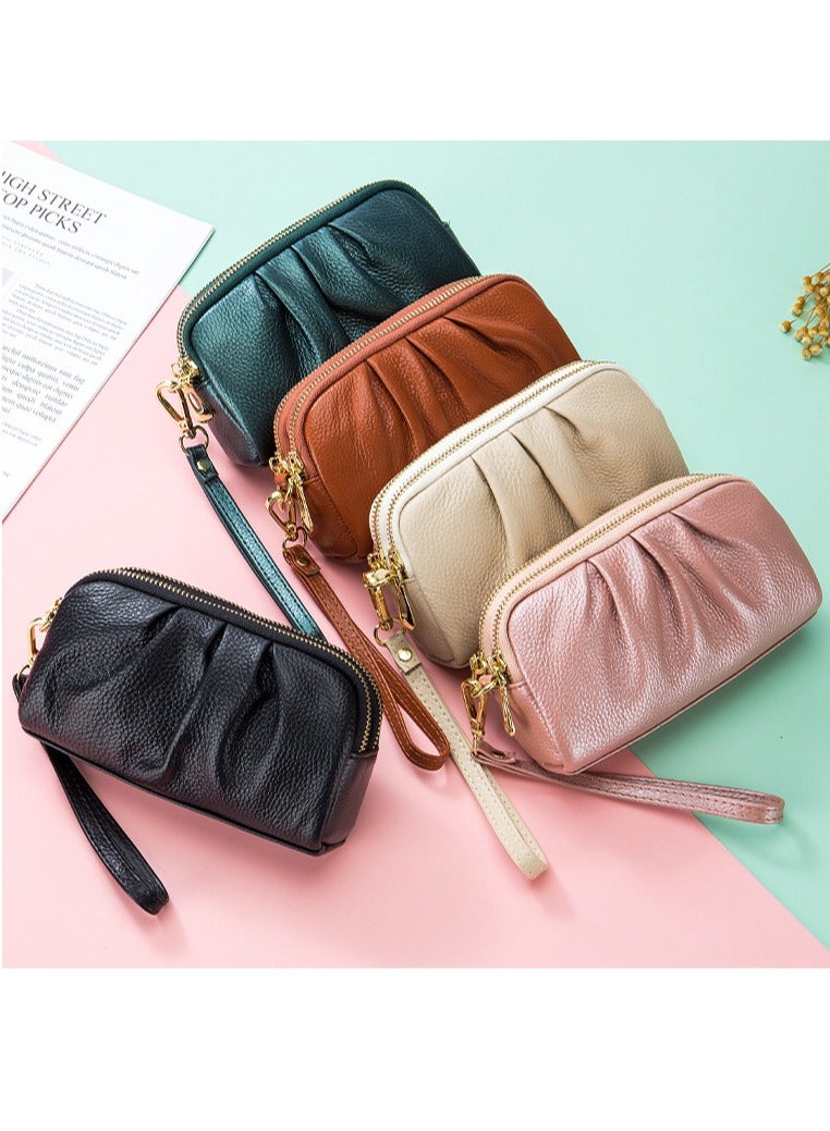 SKT Shiketro Top Layer Cowhide Double Layer Zipper High-End Wallet Mobile Phone Bag Genuine Leather Clutch Bag Mother Handbag【Pearlescent Green】 - Image 3
