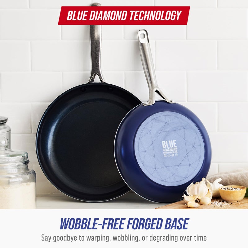Blue Diamond Cookware 9.5" & 11" Frying Pan Skillet Set, Diamond Infused Ceramic Healthy Nonstick, PFAS & PFOA-Free, Dishwasher Safe, Oven Safe, Even Heating, Metal Utensil Safe, Warp Control, Blue - Image 4