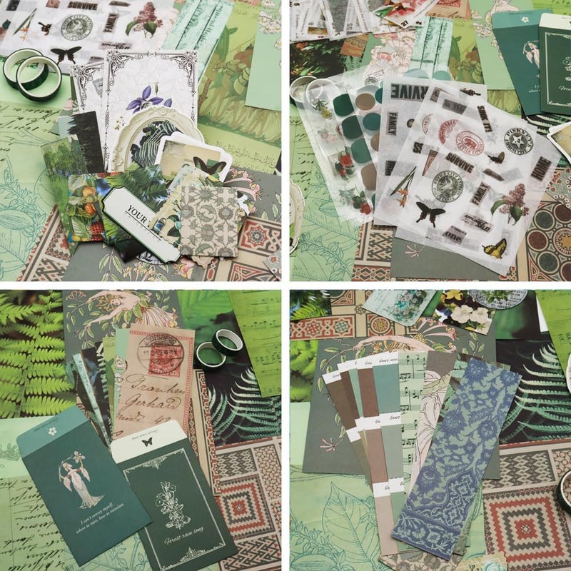 MGNLR Vintage Aesthetic Scrapbook Kit(346Pcs) Scrapbooking Supplies Kit with Bullet Junk Journal,Stationery,A6 Grid Notebook Journaling Gift for Girl (Green Butterfly Scrapbook), Paper - Image 5