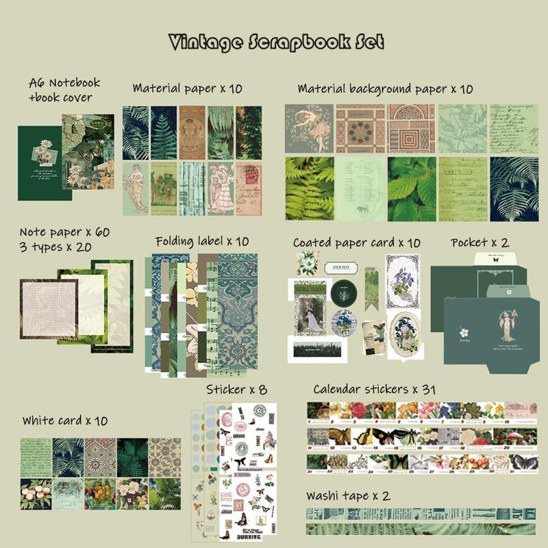 MGNLR Vintage Aesthetic Scrapbook Kit(346Pcs) Scrapbooking Supplies Kit with Bullet Junk Journal,Stationery,A6 Grid Notebook Journaling Gift for Girl (Green Butterfly Scrapbook), Paper - Image 2