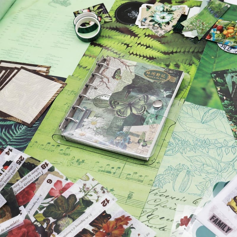 MGNLR Vintage Aesthetic Scrapbook Kit(346Pcs) Scrapbooking Supplies Kit with Bullet Junk Journal,Stationery,A6 Grid Notebook Journaling Gift for Girl (Green Butterfly Scrapbook), Paper - Image 3