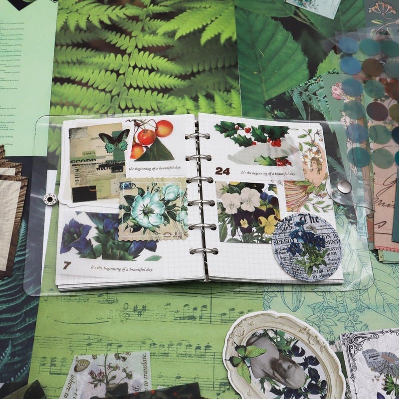 MGNLR Vintage Aesthetic Scrapbook Kit(346Pcs) Scrapbooking Supplies Kit with Bullet Junk Journal,Stationery,A6 Grid Notebook Journaling Gift for Girl (Green Butterfly Scrapbook), Paper - Image 4
