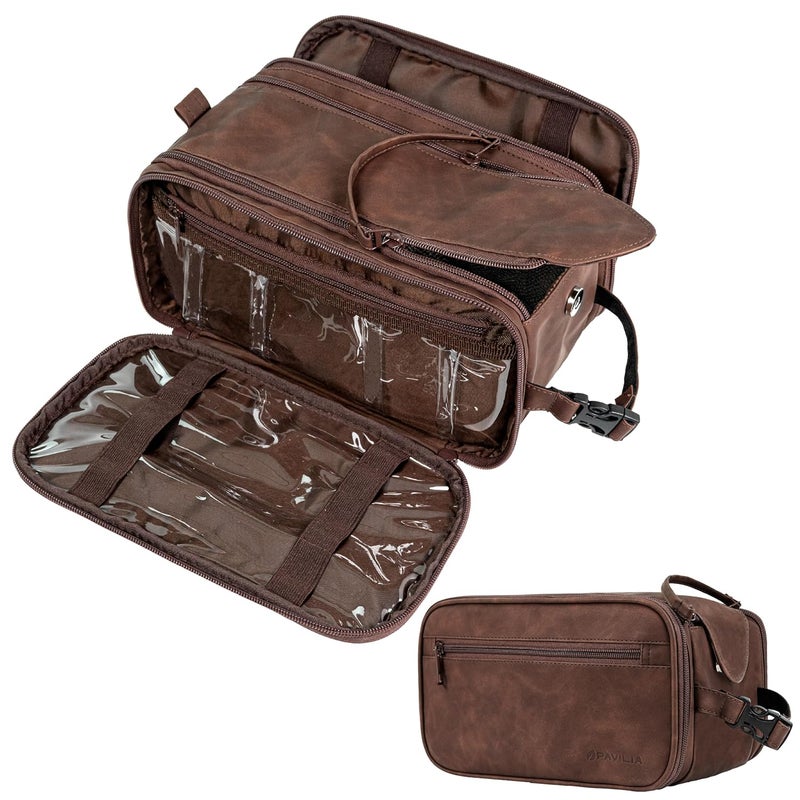 PAVILIA PAVILIA Toiletry Bag for Men Women, Mens Travel Bag Toiletries Organizer Case for Grooming, Travel Essentials Shaving Dopp Kit, PU Leather Water Resistant Cosmetic Pouch, Dark Brown 