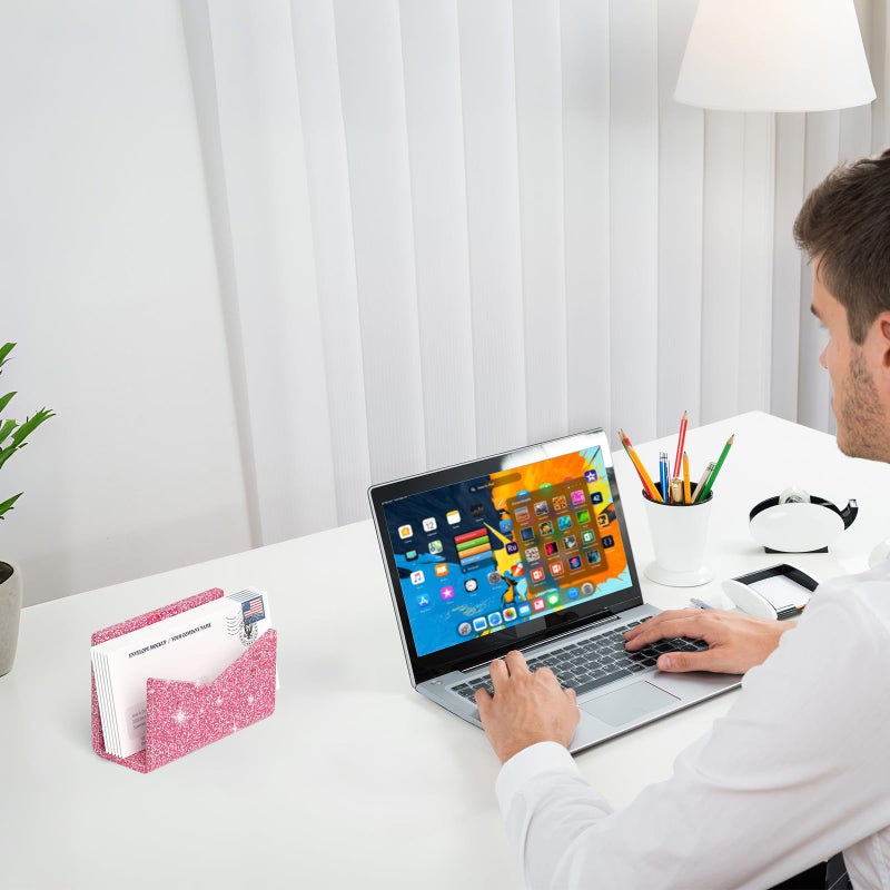 Rulyyo Mail Organizer Envelope Holder - Glitter Pink Acrylic Mail Holder Countertop Vertical Desk Organizer Small File Bill Document Notebook Letter Sorter for Home School Office Supplies - Image 2