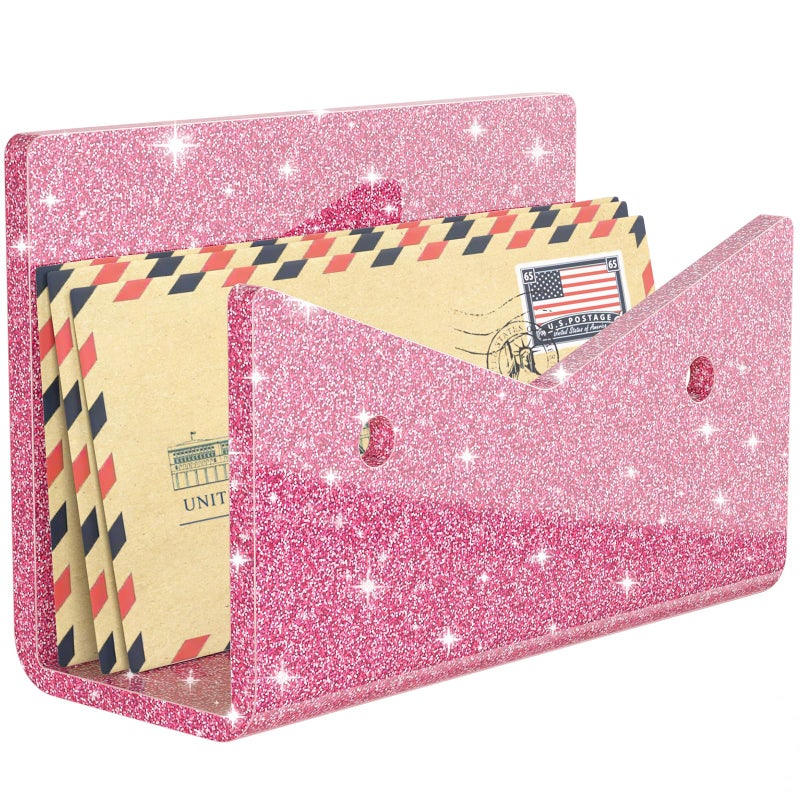 Rulyyo Mail Organizer Envelope Holder - Glitter Pink Acrylic Mail Holder Countertop Vertical Desk Organizer Small File Bill Document Notebook Letter Sorter for Home School Office Supplies - Image 1