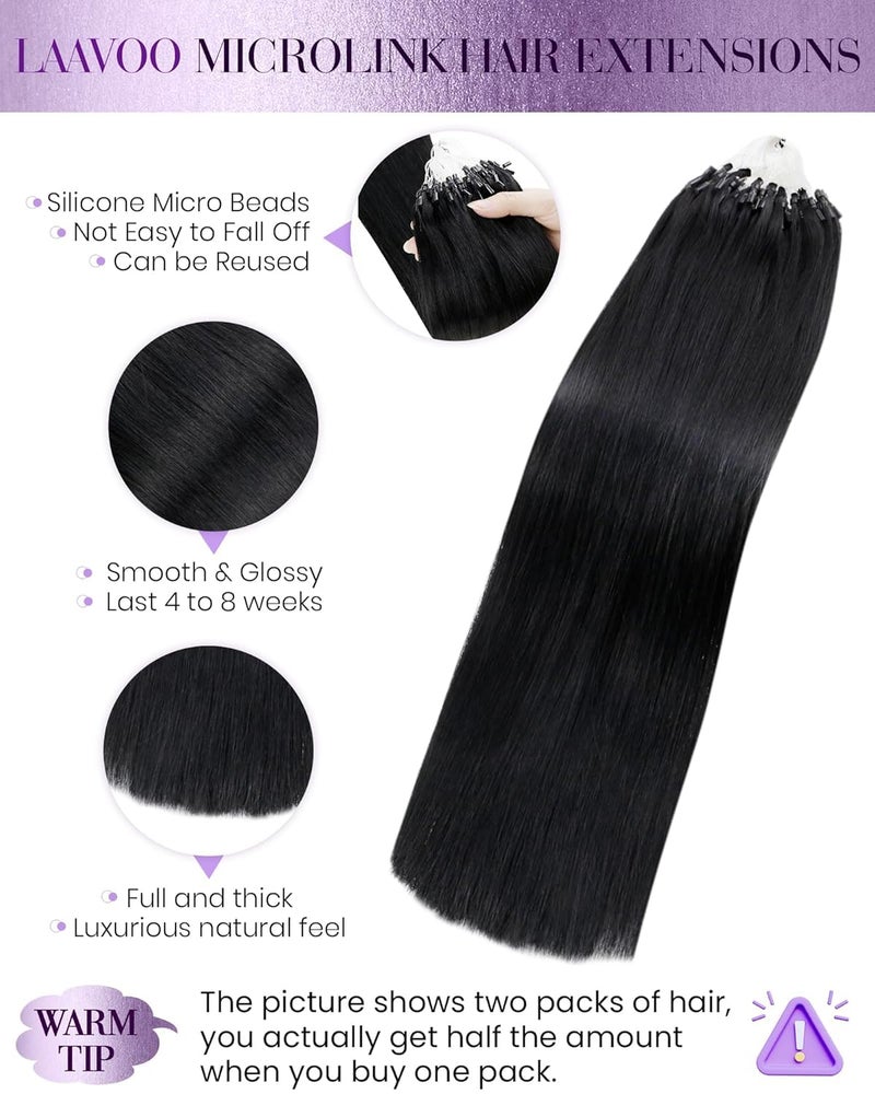 LaaVoo Microlink Hair Extensions Human Hair Jet Black 20inch Microbead Hair Extension Real Human Hair Micro Link Extensions Black Straight Hair 50gs 50g - Image 2