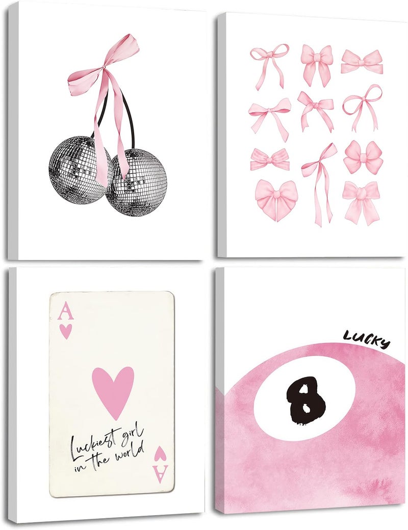 TWNSLLA TWNSLLA Trendy Pink Wall Art Framed Coquette Room Decor Aesthetic Canvas Wall Art Set of 4 Coquette Wall Decor Preppy Pink Bow Heart Ace A Poker Pictures Girly Cute Posters for College Apartment Dorm Bedroom Decoration 8x10inch Framed - Image 1