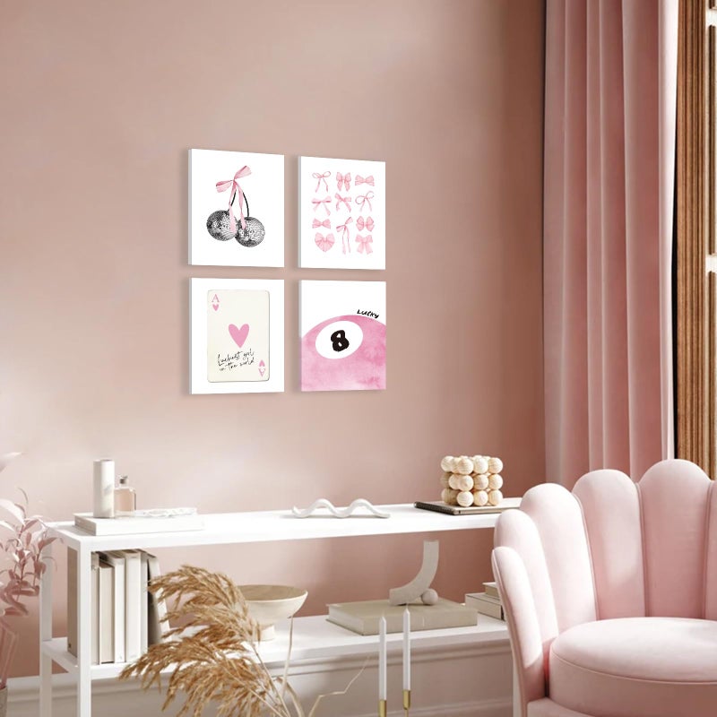TWNSLLA TWNSLLA Trendy Pink Wall Art Framed Coquette Room Decor Aesthetic Canvas Wall Art Set of 4 Coquette Wall Decor Preppy Pink Bow Heart Ace A Poker Pictures Girly Cute Posters for College Apartment Dorm Bedroom Decoration 8x10inch Framed - Image 2