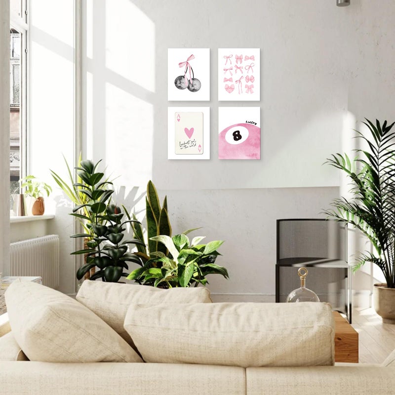 TWNSLLA TWNSLLA Trendy Pink Wall Art Framed Coquette Room Decor Aesthetic Canvas Wall Art Set of 4 Coquette Wall Decor Preppy Pink Bow Heart Ace A Poker Pictures Girly Cute Posters for College Apartment Dorm Bedroom Decoration 8x10inch Framed - Image 3