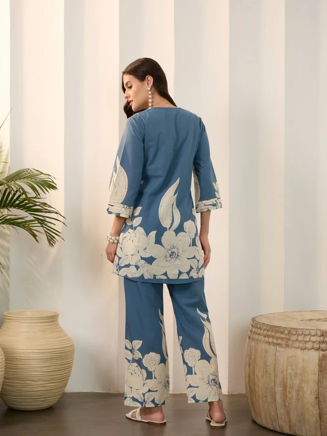 Take Two Blue Floral Print Pure Cotton Top with Trousers Co-Ords By Imana