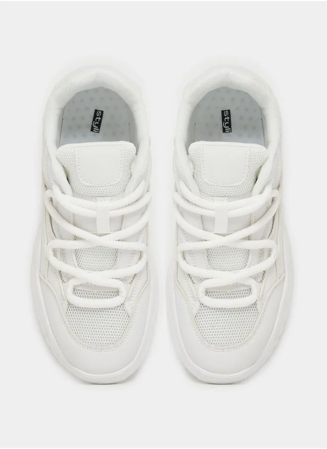 ستايلي Textured Lace Up Chunky Sneakers