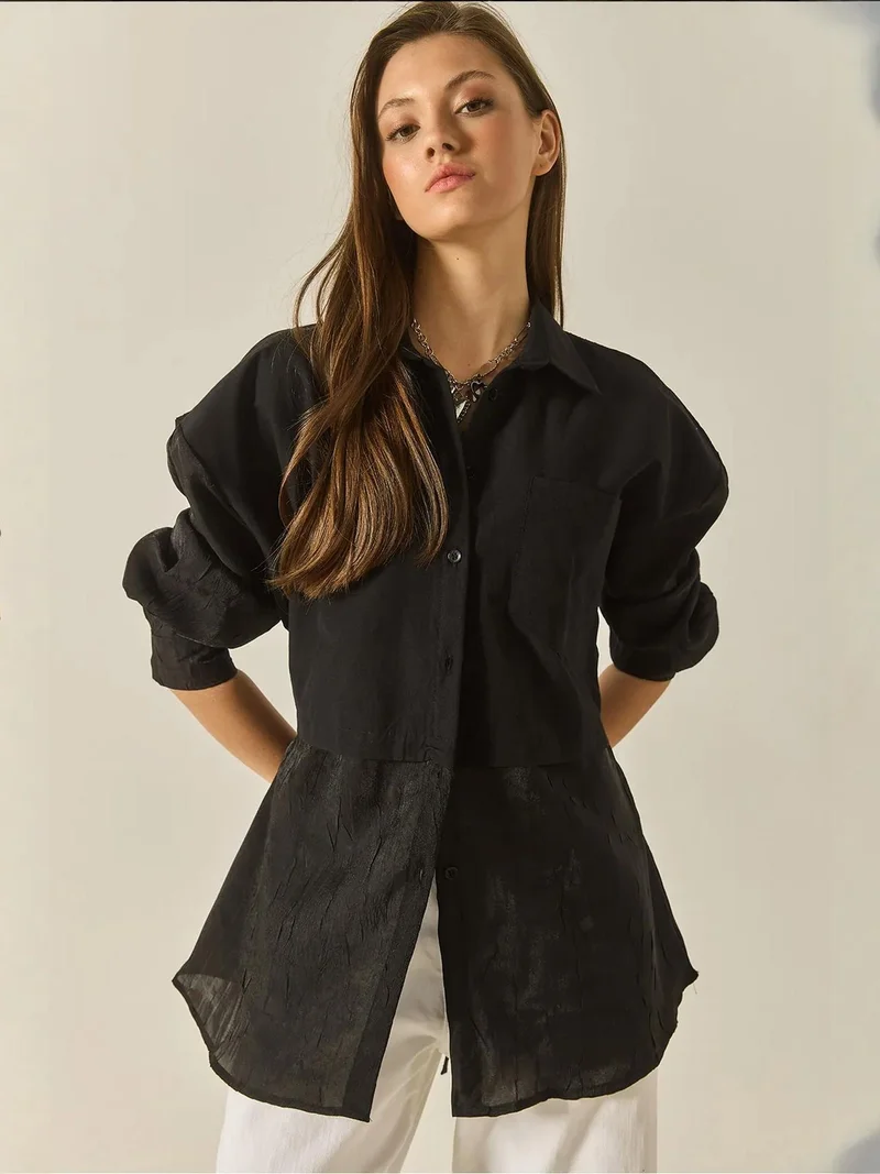 Bianco Lucci LUCCI Oversized Long Sleeve Organza Shirt with Button Closure