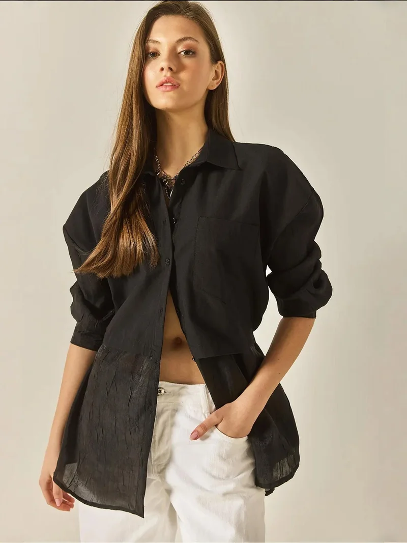 Bianco Lucci LUCCI Oversized Long Sleeve Organza Shirt with Button Closure
