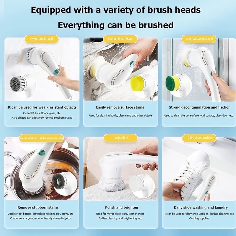 BIGXEN Plastic 5 in 1 Magic Brush Electric Magic Brush Multifunctional Magic Brush with 5 Brush Heads Charging Cord for Home Kitchen Tiles Carpet Sink Wash Basin Bath Shower Pack of 1 Long Handle - Image 2