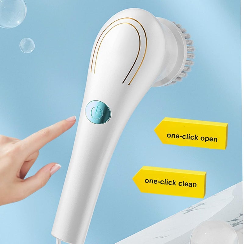 BIGXEN Plastic 5 in 1 Magic Brush Electric Magic Brush Multifunctional Magic Brush with 5 Brush Heads Charging Cord for Home Kitchen Tiles Carpet Sink Wash Basin Bath Shower Pack of 1 Long Handle - Image 3