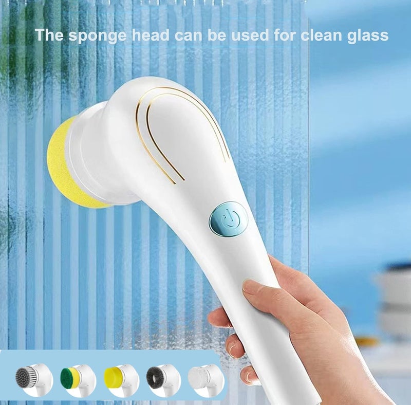 BIGXEN Plastic 5 in 1 Magic Brush Electric Magic Brush Multifunctional Magic Brush with 5 Brush Heads Charging Cord for Home Kitchen Tiles Carpet Sink Wash Basin Bath Shower Pack of 1 Long Handle - Image 5
