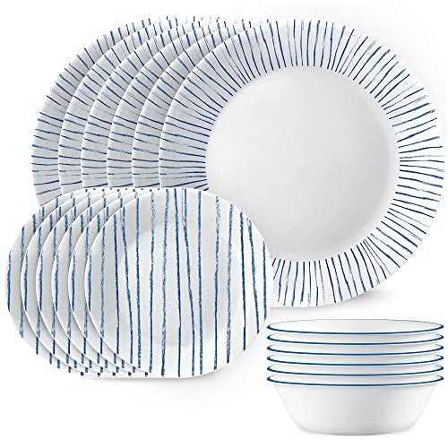 Corelle 18-Piece Dinnerware Set Service for 6, Lightweight Round Plates and Bowls Set, Vitrelle Triple Layer Glass, Chip Resistant, Microwave and Dishwasher Safe, Nautical Stripes - Image 1