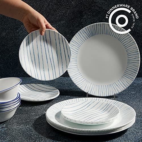 Corelle 18-Piece Dinnerware Set Service for 6, Lightweight Round Plates and Bowls Set, Vitrelle Triple Layer Glass, Chip Resistant, Microwave and Dishwasher Safe, Nautical Stripes - Image 2